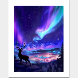 Deer Under Aurora Borealis Posters and Art